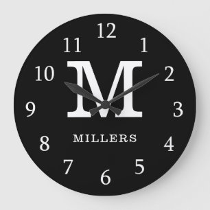 Reloj Redondo Grande Nombre de Familia Monograma Moderno Negro y Blanco