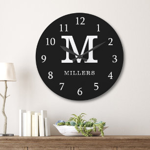 Reloj Redondo Grande Nombre de Familia Monograma Moderno Negro y Blanco