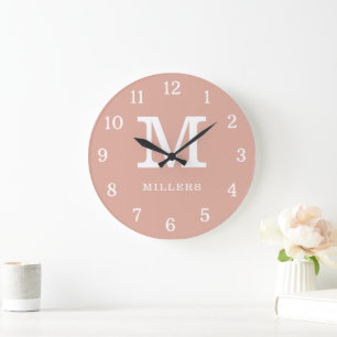 Reloj Redondo Grande Nombre de familia monograma moderno polvoriento ro