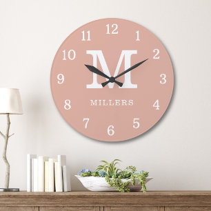 Reloj Redondo Grande Nombre de familia monograma moderno polvoriento ro