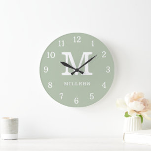 Reloj Redondo Grande Nombre de familia monograma verde y blanco moderno