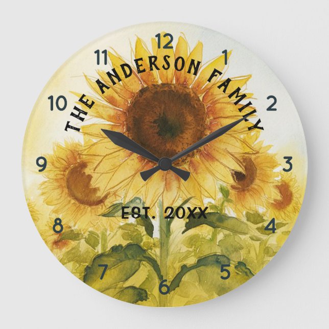 Reloj Redondo Grande Nombre de familia personalizado acuarela girasol (Anverso)
