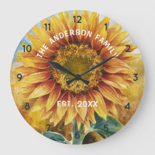 Reloj Redondo Grande Nombre de familia personalizado acuarela girasol