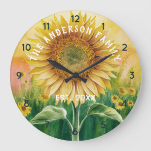 Reloj Redondo Grande Nombre de familia personalizado acuarela girasol