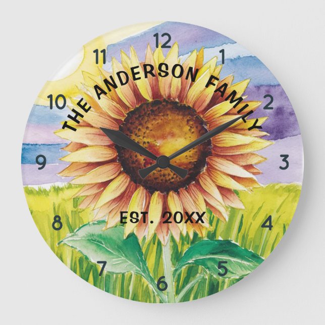 Reloj Redondo Grande Nombre de familia personalizado acuarela girasol (Anverso)