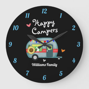 Reloj Redondo Grande Nombre de familia Personalizado Campers Happy