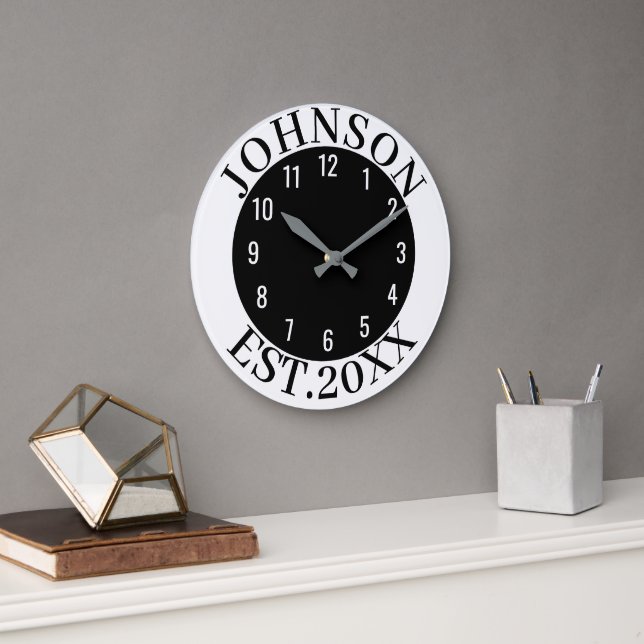 Reloj Redondo Grande Nombre de familia personalizado minimalista en bla (Oficina)