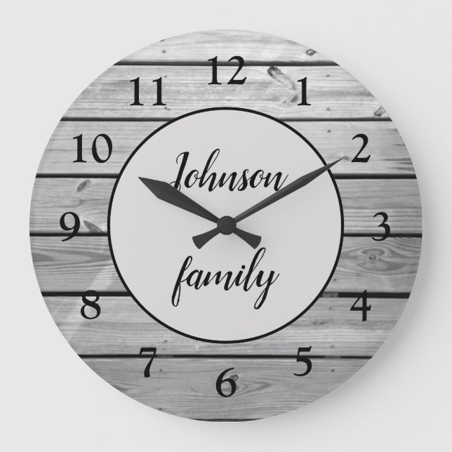 Reloj Redondo Grande Nombre de familia Rústica de Madera Gris Moderna P (Anverso)