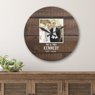 Reloj Redondo Grande Nombre de foto de boda rústica tabla de madera mar