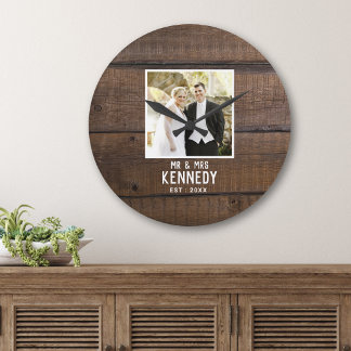 Reloj Redondo Grande Nombre de foto de boda rústica tabla de madera mar