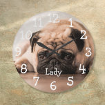 Reloj Redondo Grande Nombre de foto Mascota personalizado<br><div class="desc">Un diseño divertido que puedes personalizar con el nombre y la foto de tus mascotas. Diseñado por Thisisnotme©</div>