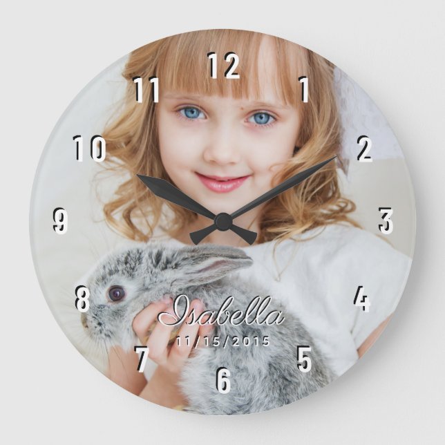 Reloj Redondo Grande Nombre de foto personalizado Fecha de nacimiento N (Anverso)