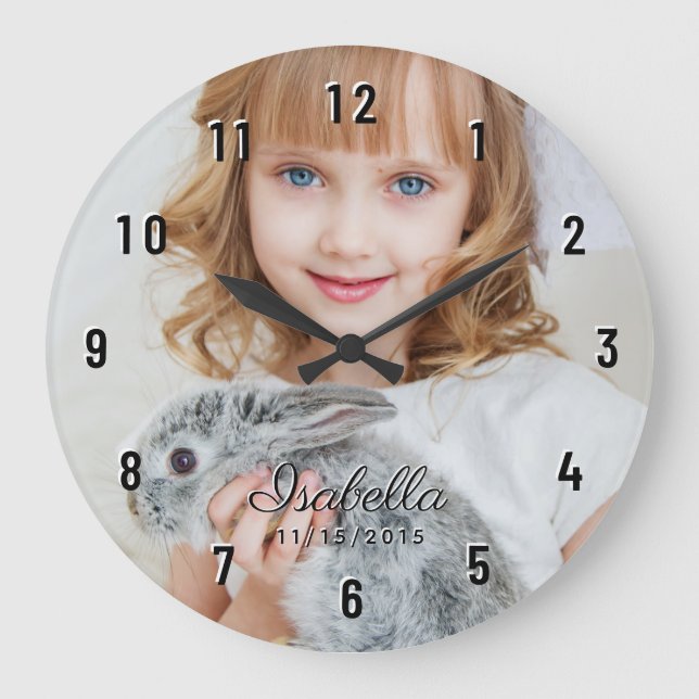 Reloj Redondo Grande Nombre de foto Personalizado Fecha de nacimiento N (Anverso)