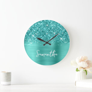 Reloj Redondo Grande Nombre de guión blanco turquesa brillante glamour