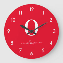 Reloj Redondo Grande Nombre De Guión Monograma Personalizado Rojo Y Bla