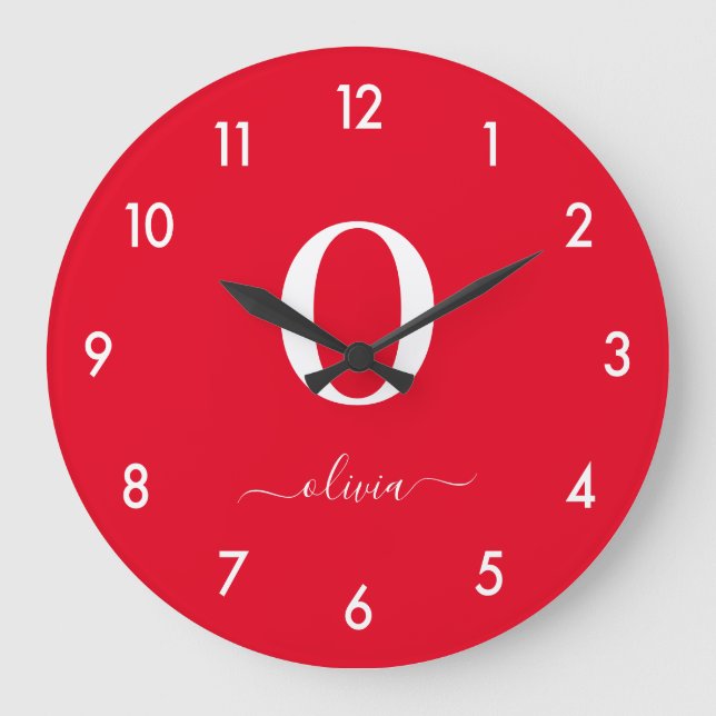 Reloj Redondo Grande Nombre De Guión Monograma Personalizado Rojo Y Bla (Anverso)