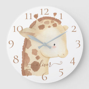 Reloj Redondo Grande Nombre de jirafa bebé en acuarela personalizado li