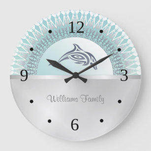 Reloj Redondo Grande Nombre de la familia costera delfín Mandala Silver
