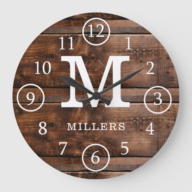 Reloj Redondo Grande Nombre de la familia Rustic Monogrammed Dark Wood (Anverso)