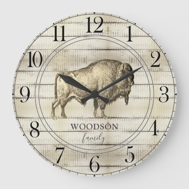 Reloj Redondo Grande Nombre de la familia Rustic Walking Bison Buffalo  (Anverso)