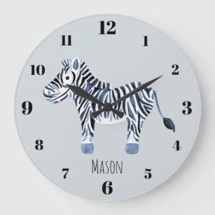Reloj Redondo Grande Nombre de la guardería de safari zebra azul del ni