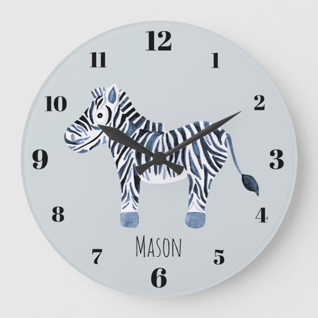 Reloj Redondo Grande Nombre de la guardería de safari zebra azul del ni (Anverso)