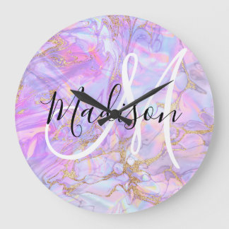 Reloj Redondo Grande Nombre de monograma de mármol rosa lavanda moderno