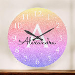 Reloj Redondo Grande Nombre de monograma del Purpurina de parkol arcoir<br><div class="desc">Nombre del monograma del Purpurina de espuma del arcoiris dorado,  rosa y morado y reloj de pared de servicio inicial. El reloj de pared es el regalo perfecto para alguien que ama el purpurina brillante de plata.</div>