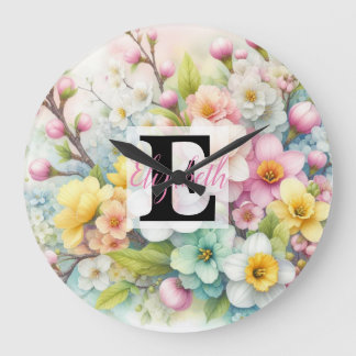 Reloj Redondo Grande Nombre de monograma en Flores de acuarela en paste