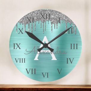 Reloj Redondo Grande Nombre de monograma Metalizado cepillado del Purpu