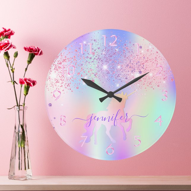 Reloj Redondo Grande Nombre de monograma morado rosa purpurina de unico (Subido por el creador)