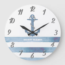 Reloj Redondo Grande Nombre del barco náutico, Ancla,Rope,Rayas azules 
