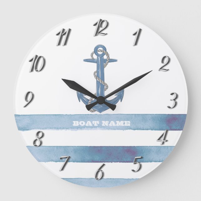 Reloj Redondo Grande Nombre del barco náutico, Ancla,Rope,Rayas azules  (Anverso)