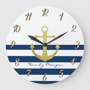Reloj Redondo Grande Nombre del barco náutico, franjas azules de la mar