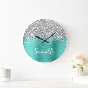 Reloj Redondo Grande Nombre del guión blanco del cristal de color turqu