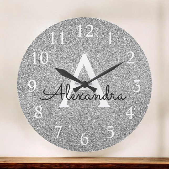 Reloj Redondo Grande Nombre del monograma del Purpurina Silver Sparkle  (Subido por el creador)