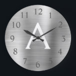 Reloj Redondo Grande Nombre del monograma metálico plateado e inicial<br><div class="desc">Monograma metálico plateado y Reloj de pared de servicio inicial. The Wall Clock es el regalo perfecto para alguien que ama el acero inoxidable plateado.</div>