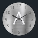 Reloj Redondo Grande Nombre del monograma metálico plateado e inicial<br><div class="desc">Monograma metálico plateado y Reloj de pared de servicio inicial. The Wall Clock es el regalo perfecto para alguien que ama el acero inoxidable plateado.</div>