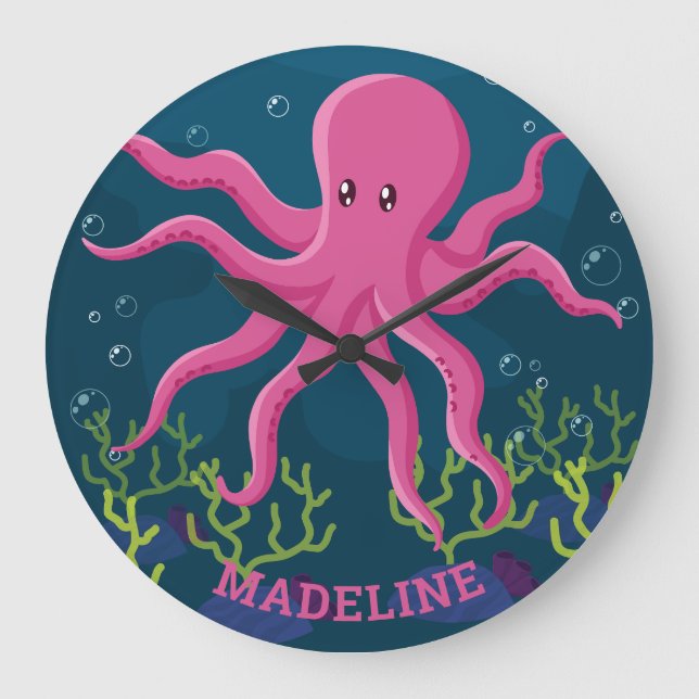 Reloj Redondo Grande Nombre del océano marino de pulpo cutáneo (Anverso)