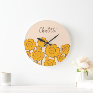 Reloj Redondo Grande Nombre del Personalizable de los girasoles amarill