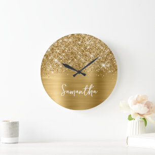 Reloj Redondo Grande Nombre en guión blanco Glam dorado brillante
