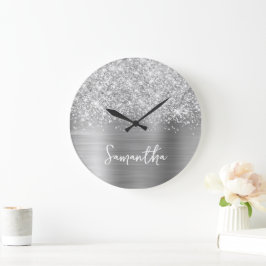 Reloj Redondo Grande Nombre en guión blanco glam plata brillante