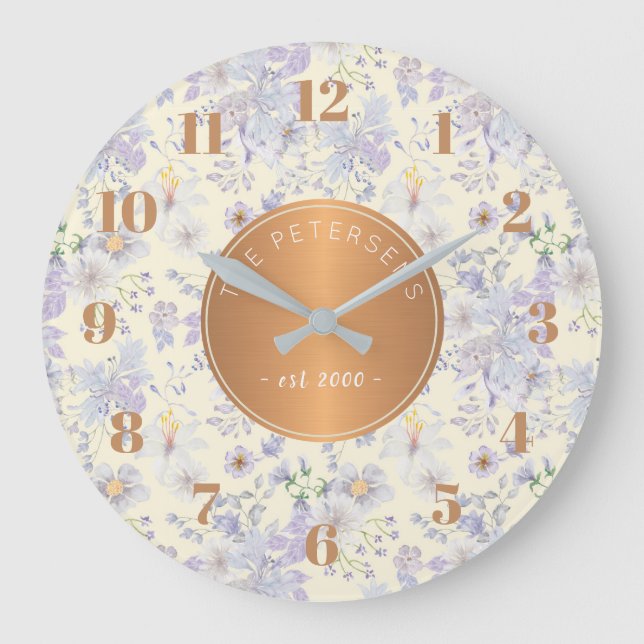 Reloj Redondo Grande Nombre familiar personalizado Pastel Floral Cobre (Anverso)