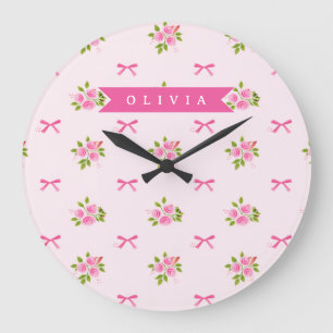 Reloj Redondo Grande Nombre Floral Personalizado de Lazo Femenino Coque