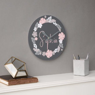 Reloj Redondo Grande Nombre Floral Personalizado Rosa