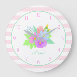 Reloj Redondo Grande Nombre Flores Primaverales Bandas Rosadas Cute Beb