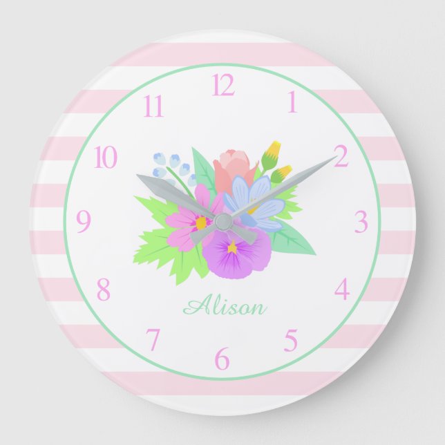 Reloj Redondo Grande Nombre Flores Primaverales Bandas Rosadas Cute Beb (Anverso)