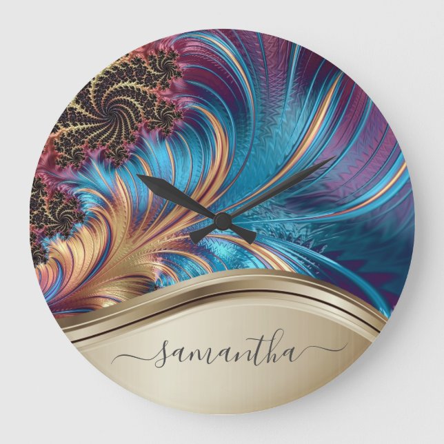 Reloj Redondo Grande Nombre moderno fractal azul dorado manuscrito (Anverso)