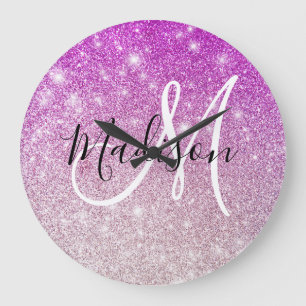 Reloj Redondo Grande Nombre monograma destellos brillo purpura femenino