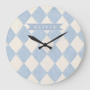 Reloj Redondo Grande Nombre Personalizado Argyle Borroso Azul Suave Pre